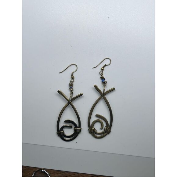 New Vintage Artisan Made Brass Open Fish Dangle French Hook Earrings - Picture 3 of 6